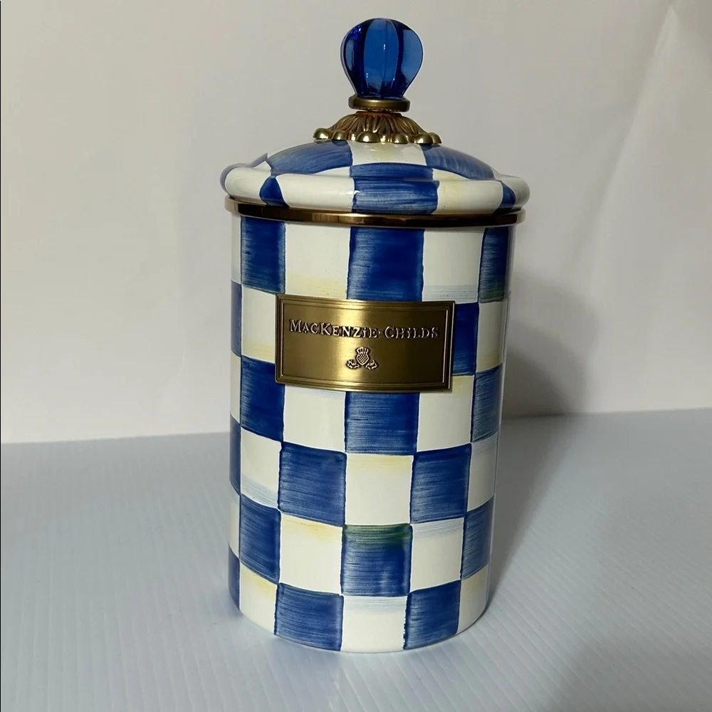 MacKenzie-Childs Royal Blue Check Large Canister Enamelware Kitchen Storage - Picture 2 of 8